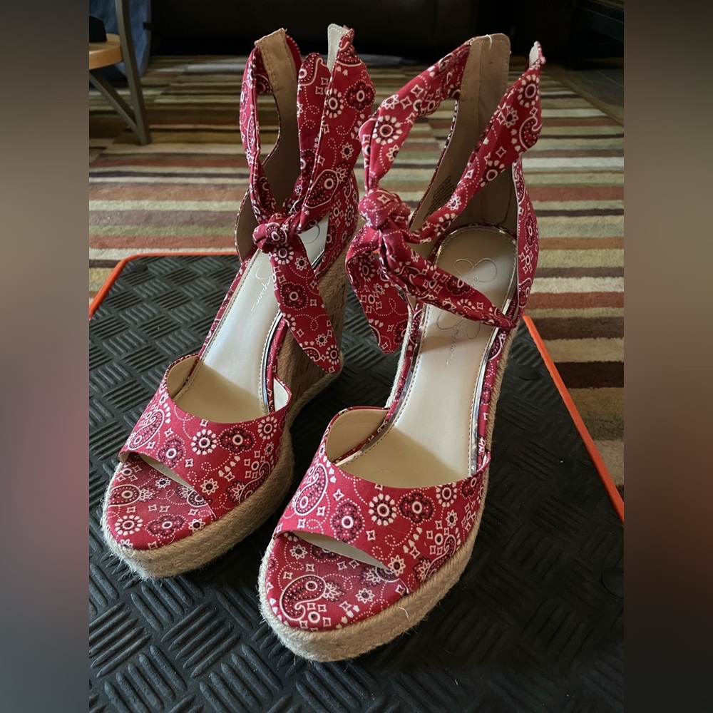 COPY - Jessica Simpson bandana red wedges